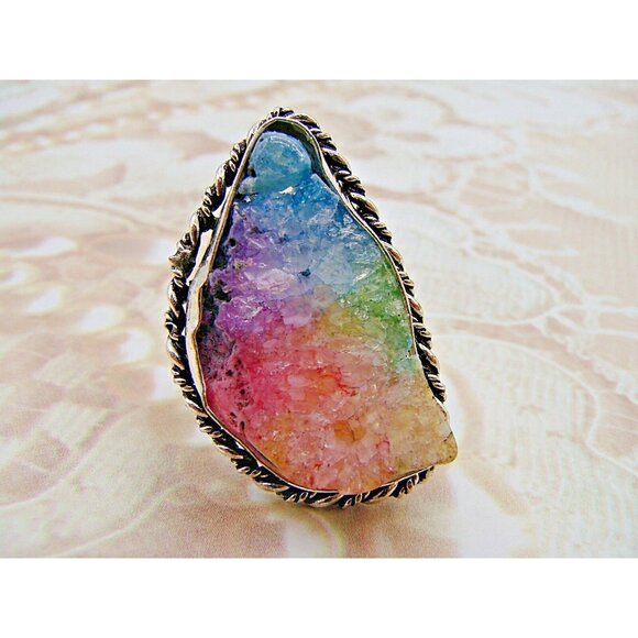 Ametrine Ring Rough Cut Crystal Stone 925 Marked Sterling Silver Plated Size 8 - Picture 2 of 12